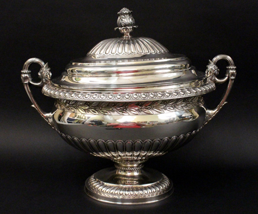 George III period sterling silver lidded tureen by Rebecca Emes and Edward Barnard I of  London, circa 1809 (est. $8,000-$12,000).